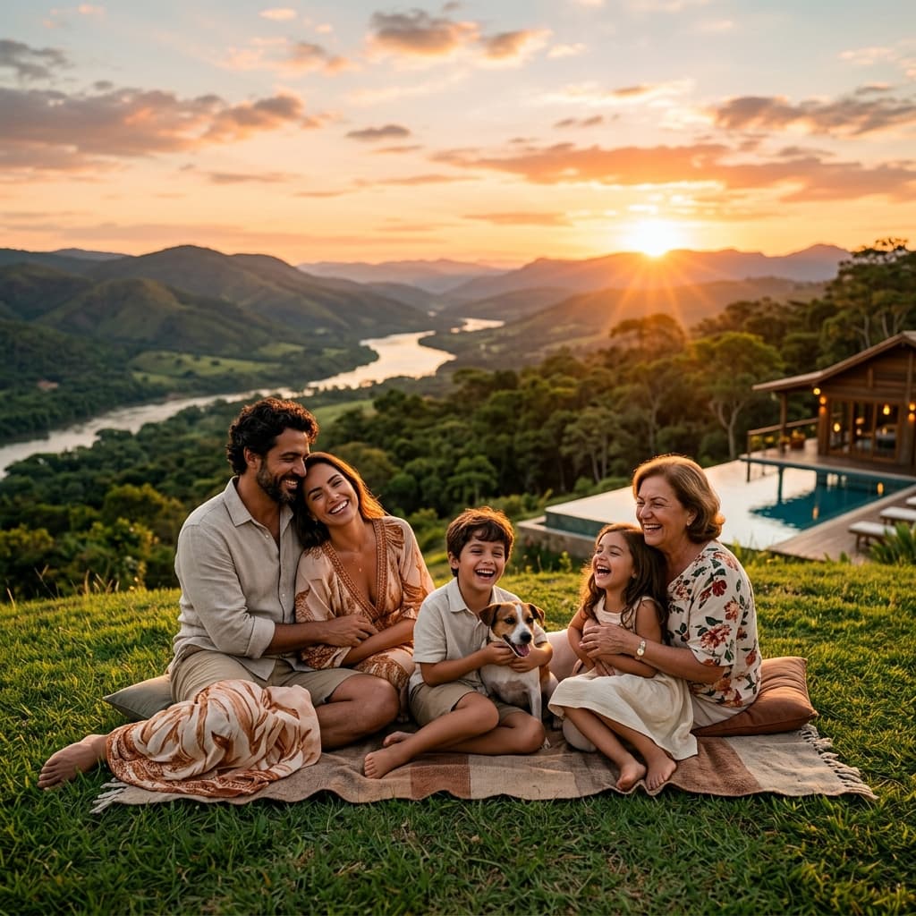 Família aproveitando o fim de tarde na natureza